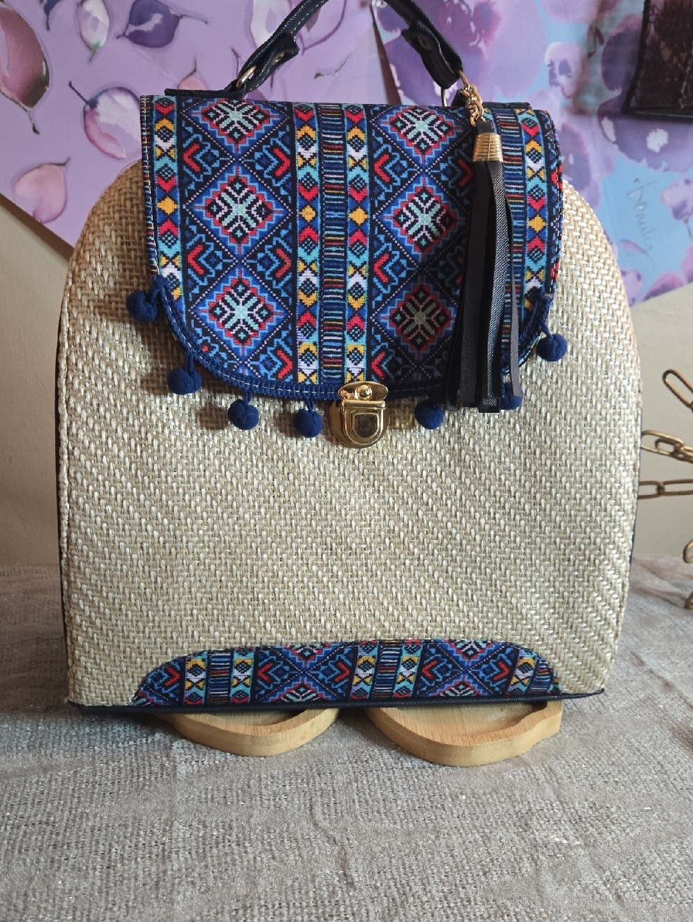 Woven Straw Backpack / Crossbody/ Tote with Blue Embroidered Flap